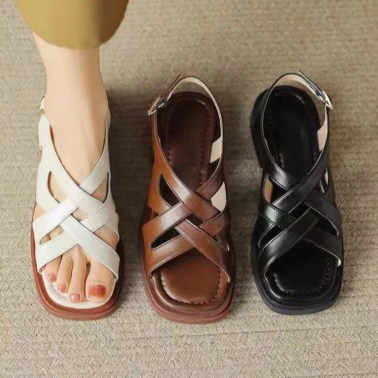 Women's patent leather square toe beach sandals in three colours with low heel design