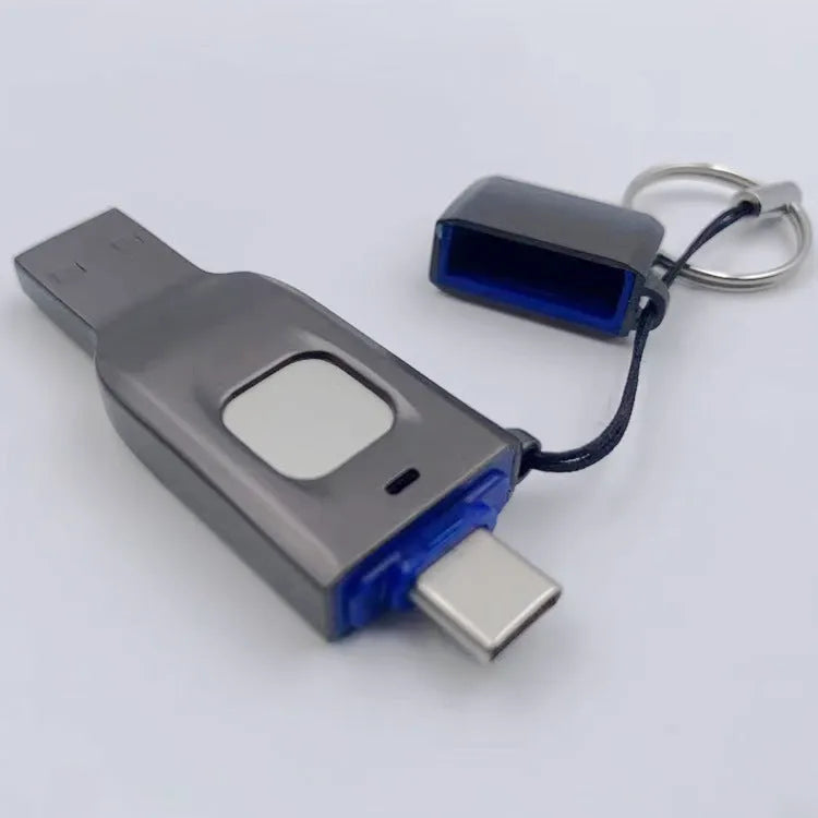 Black fingerprint USB flash drive with metal shell showing USB 3.0 and Type-C interfaces
