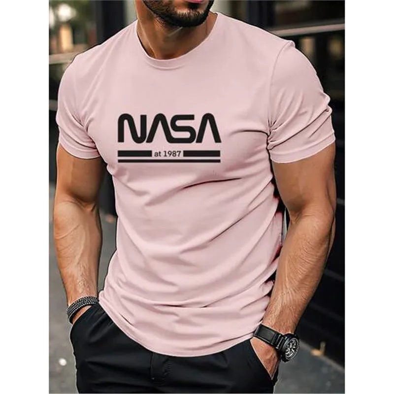 Men's slim-fit cotton short sleeve T-shirt with printed letters design in various solid colours