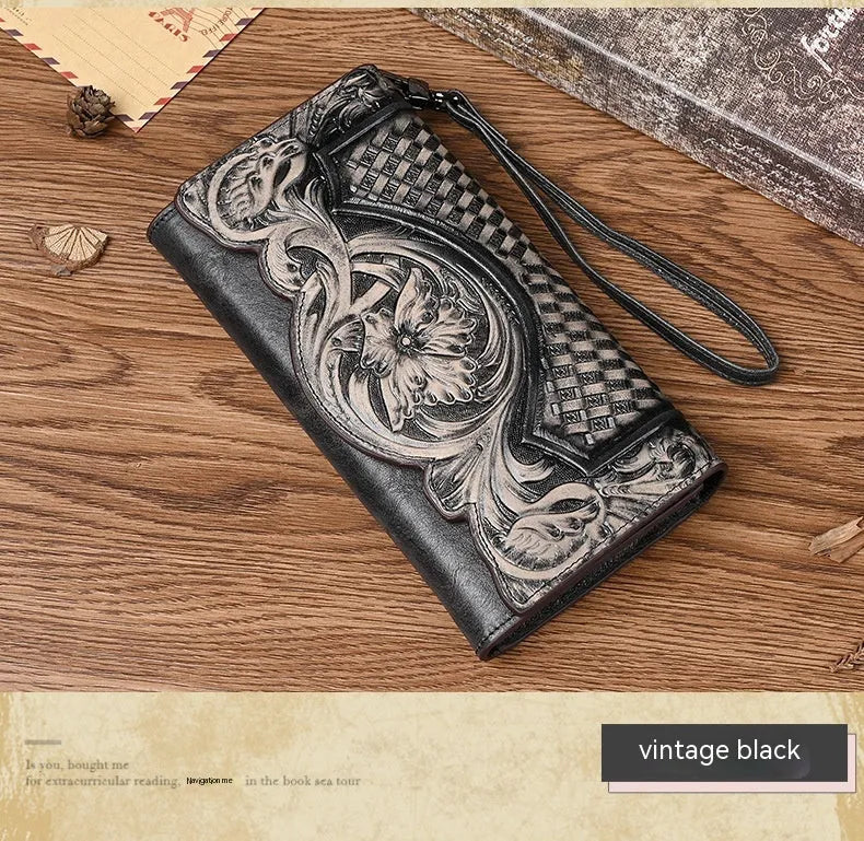 Chinese style brown leather tri-fold wallet with a floral embossed pattern, shown open to reveal compartments.
