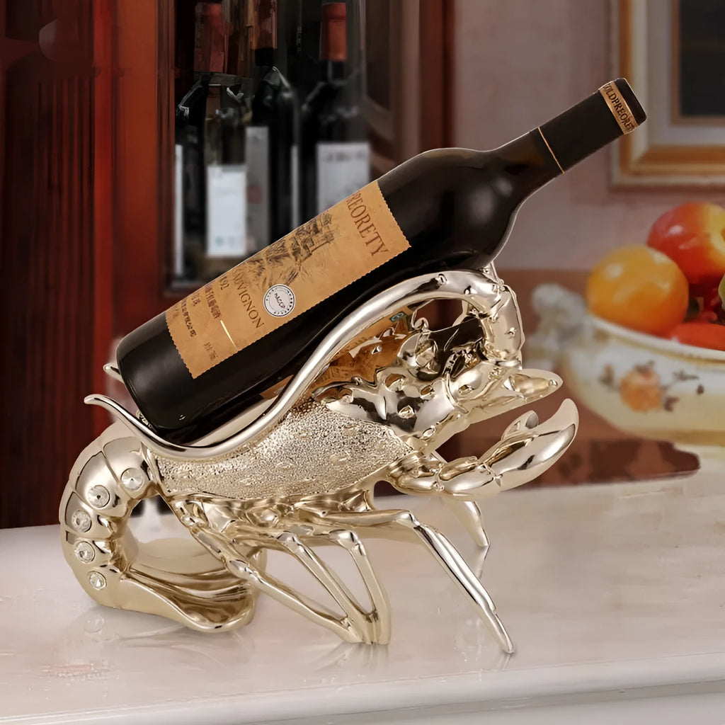 Lobster-shaped wine rack ornament in rose gold or elegant silver finish holding wine bottle
