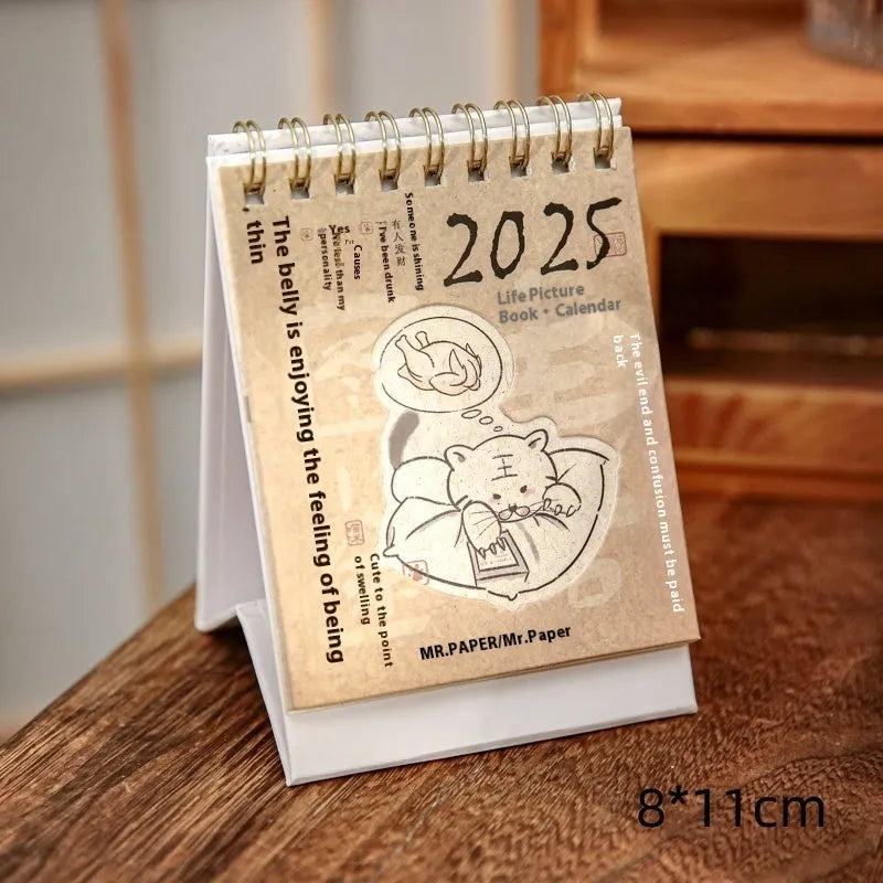 Mini 2025 desk calendar showing four design options including coffee time and motivational phrases