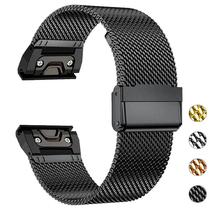 Silver stainless steel smartwatch strap for Garmin Fenix watches, shown next to 20mm, 22mm, 26mm size indicators.