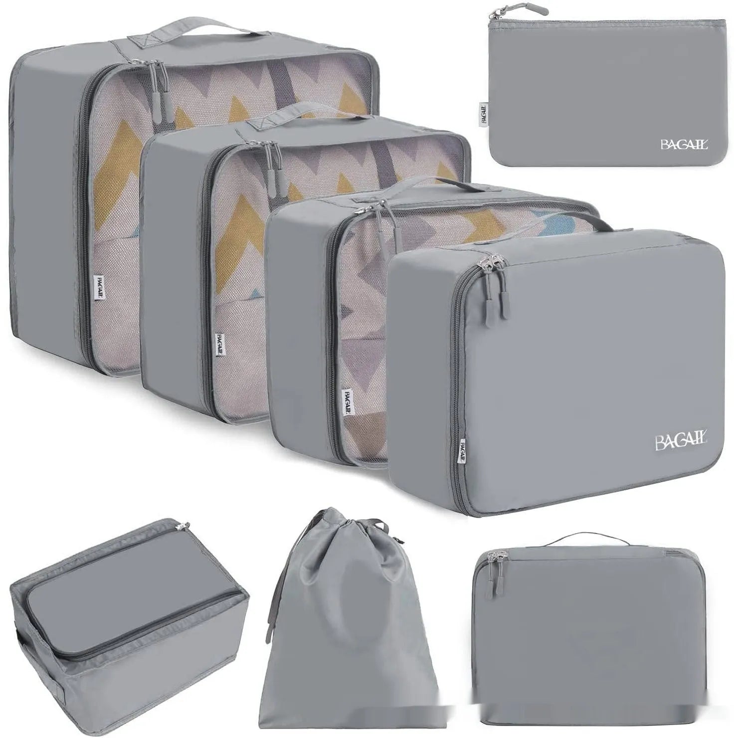 Eight cubic travel packing bags in various colours including beige, black, pink leopard print, and white pink stripes