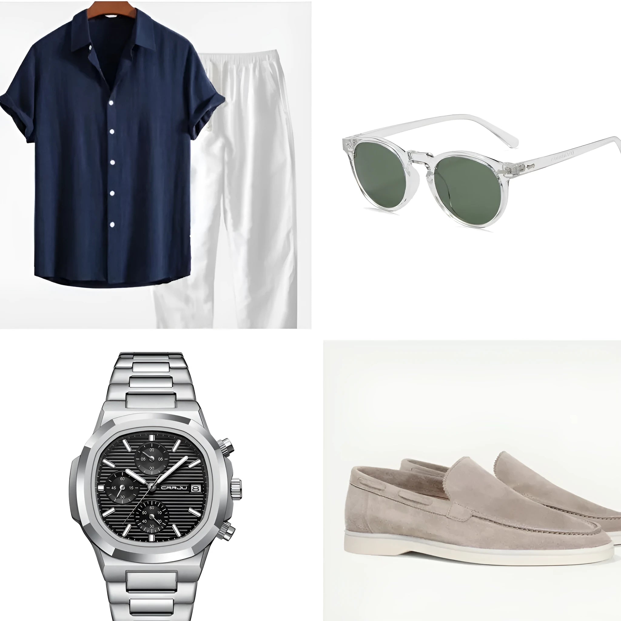 Cotton linen casual beachwear short sleeve suit with trousers and accessory set