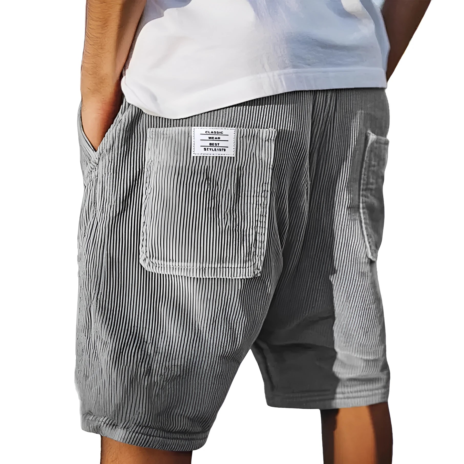 Men's grey straight-fit corduroy shorts with multiple pockets and a small embroidered logo on the leg.