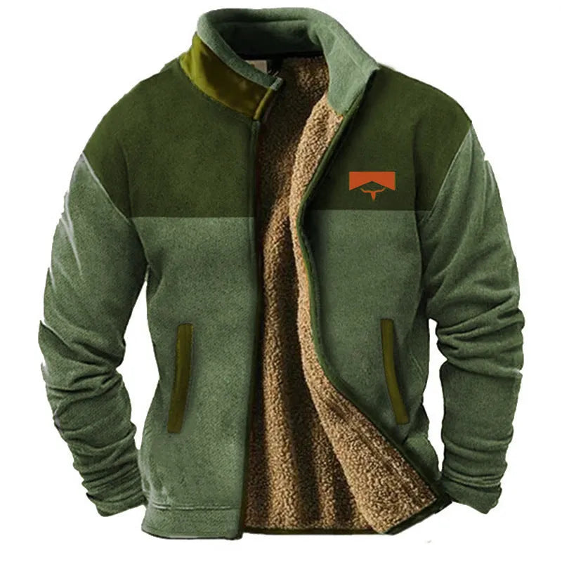 Men's blue polyester padded fleece-lined coat on a hanger, regular fit