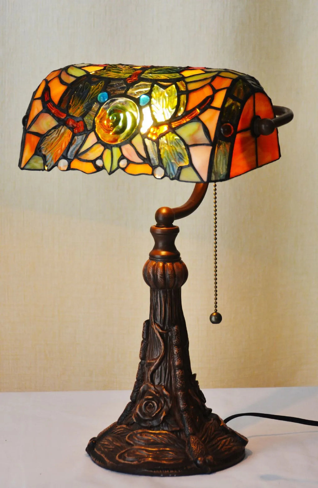 10-inch Tiffany table lamp with stained glass shade on resin base for study room decoration