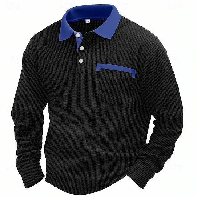 Man wearing a long-sleeved waffle-texture polo shirt in a solid colour with a loose, retro fit.