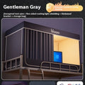 Grey polyester bed curtains with integrated mosquito net for a 0.9m bed on a three-door bracket.