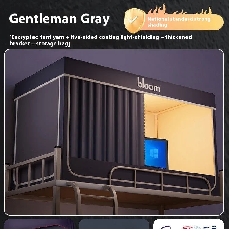 Grey polyester bed curtains with integrated mosquito net for a 0.9m bed on a three-door bracket.