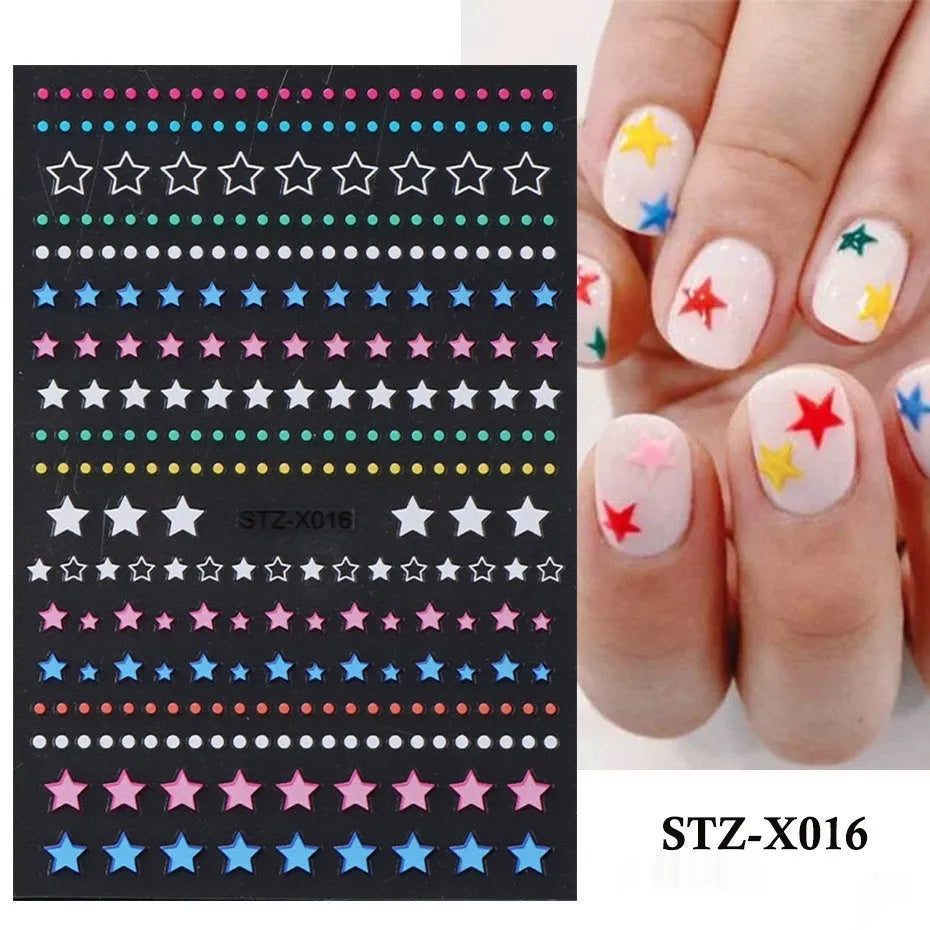 Pack of black and silver strip nail art stickers with cartoon and love pattern designs.