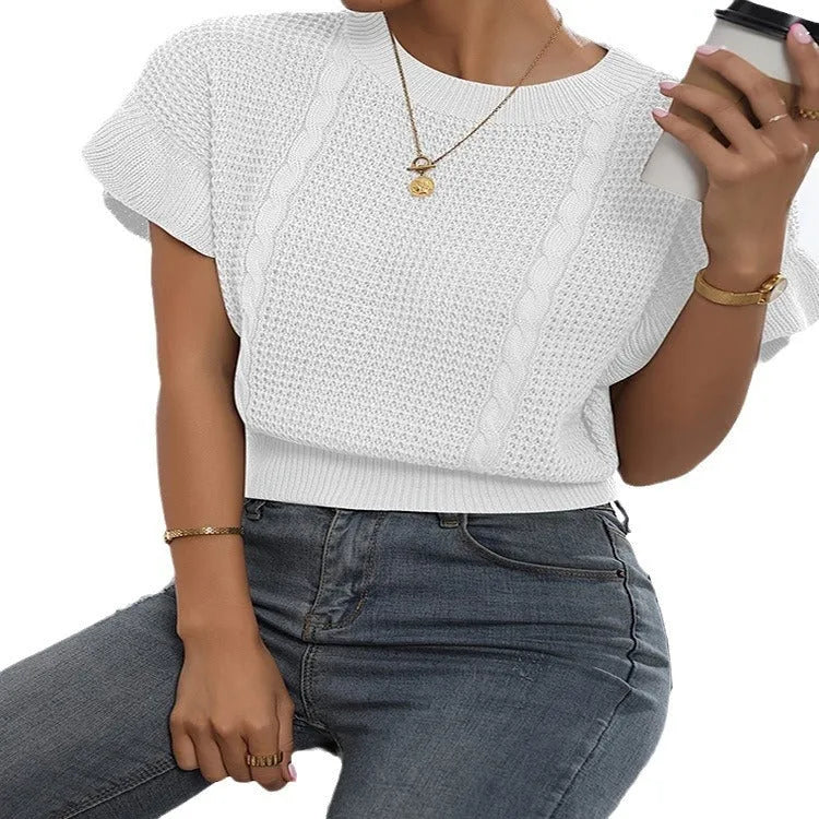 Loose fit knitted pullover sweater with ruffled short sleeves in Japanese Korean casual style