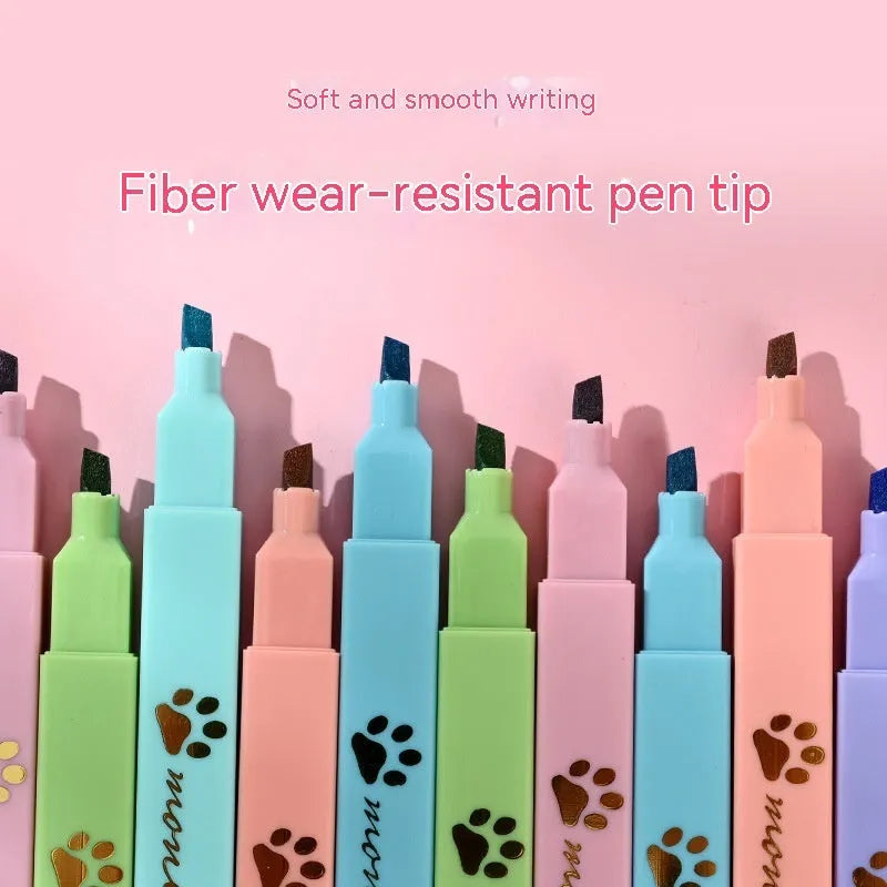 Cat's Paw fluorescent marking pen set showing six pens with oblique heads in a plastic box.
