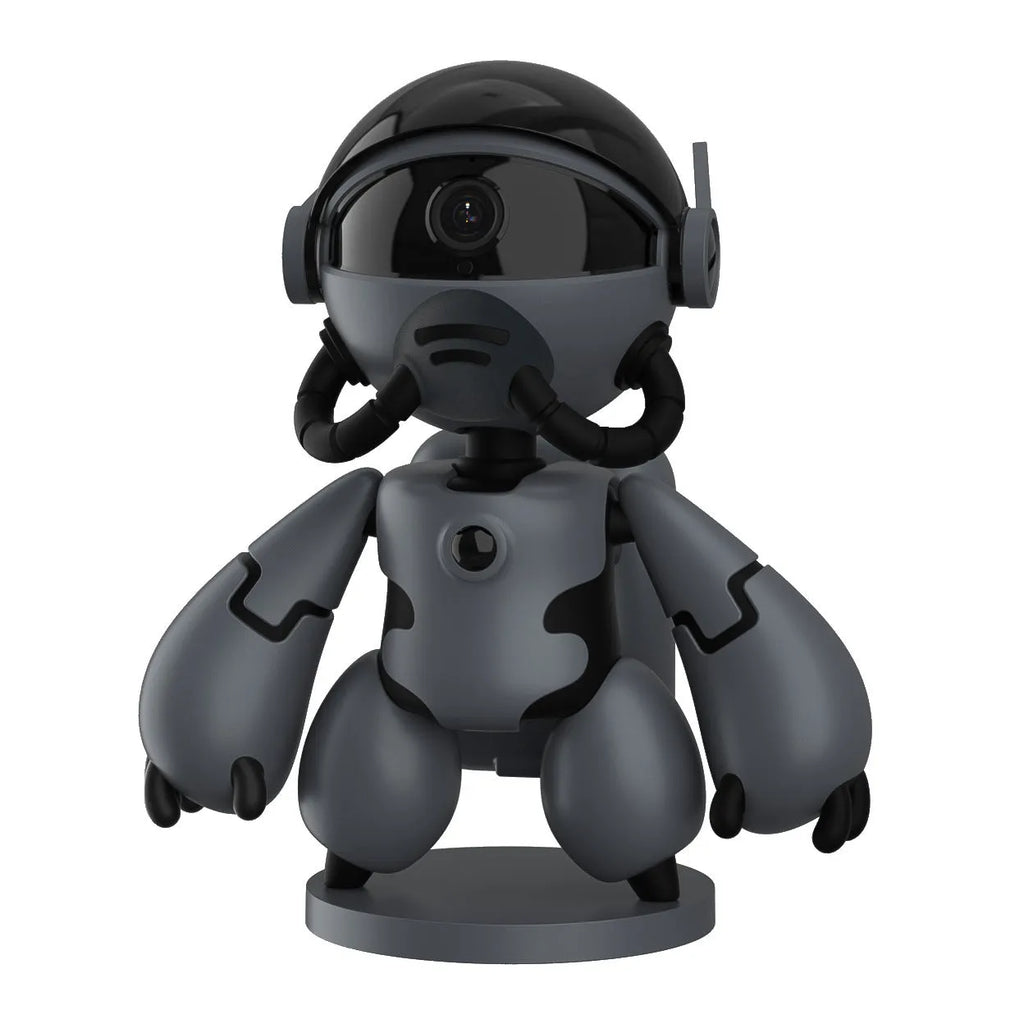 White or black household monitoring camera with wide-angle lens on a detachable base.