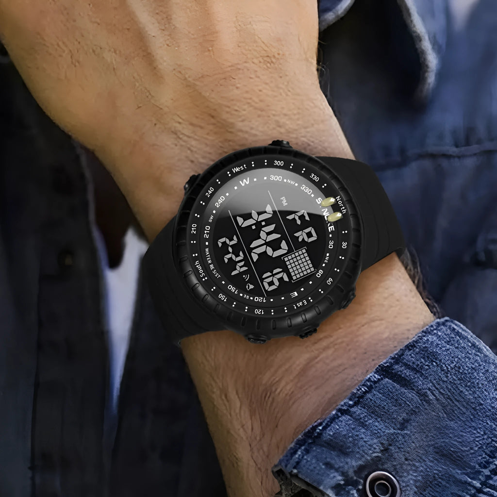 Black men's waterproof digital watch with large 54.74mm dial and WR50M water resistance rating