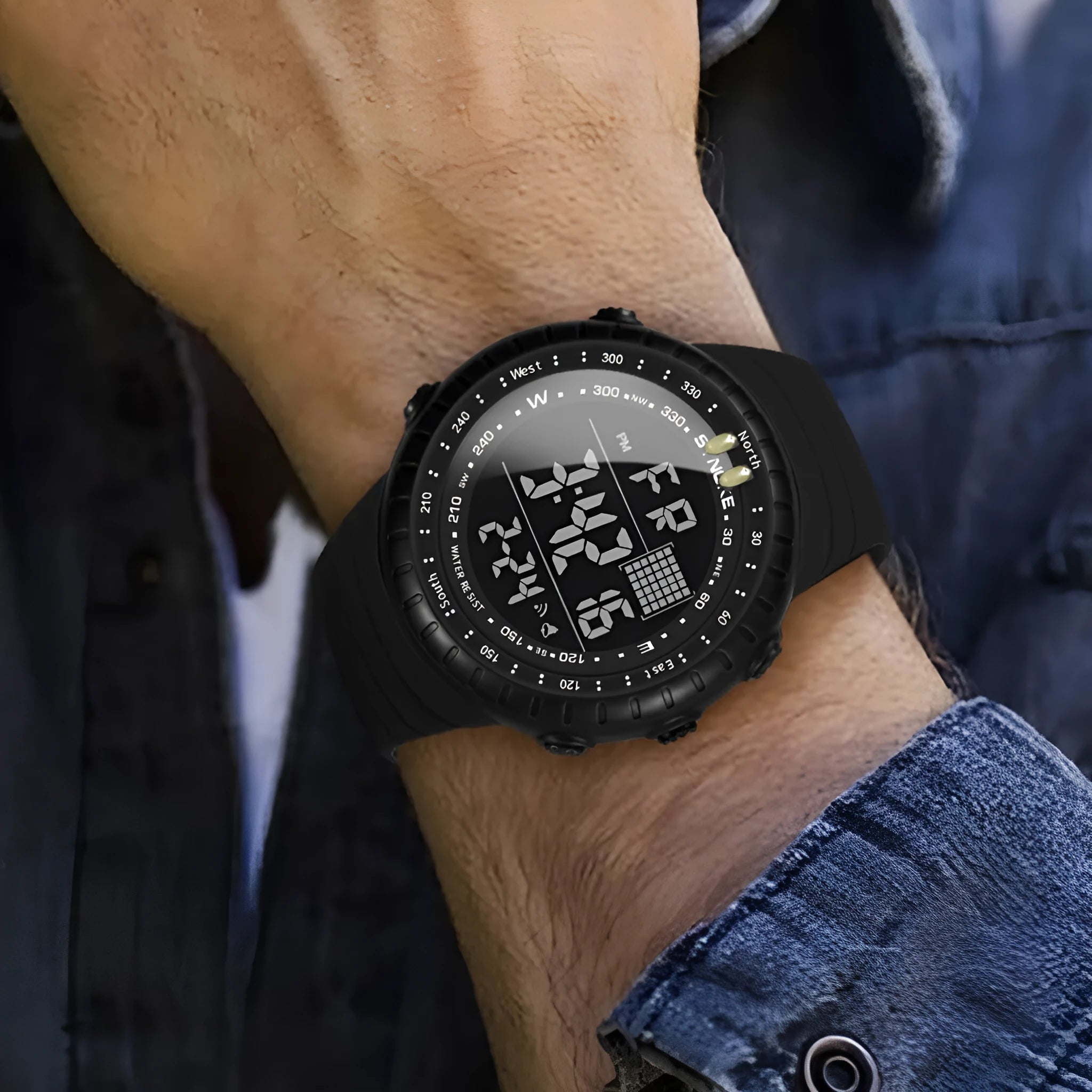 Black men's waterproof digital watch with large 54.74mm dial and WR50M water resistance rating