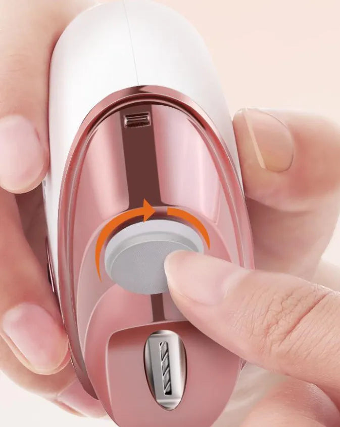 Blue electric nail clipper and polisher with USB Type-C charging port and cleaning brush