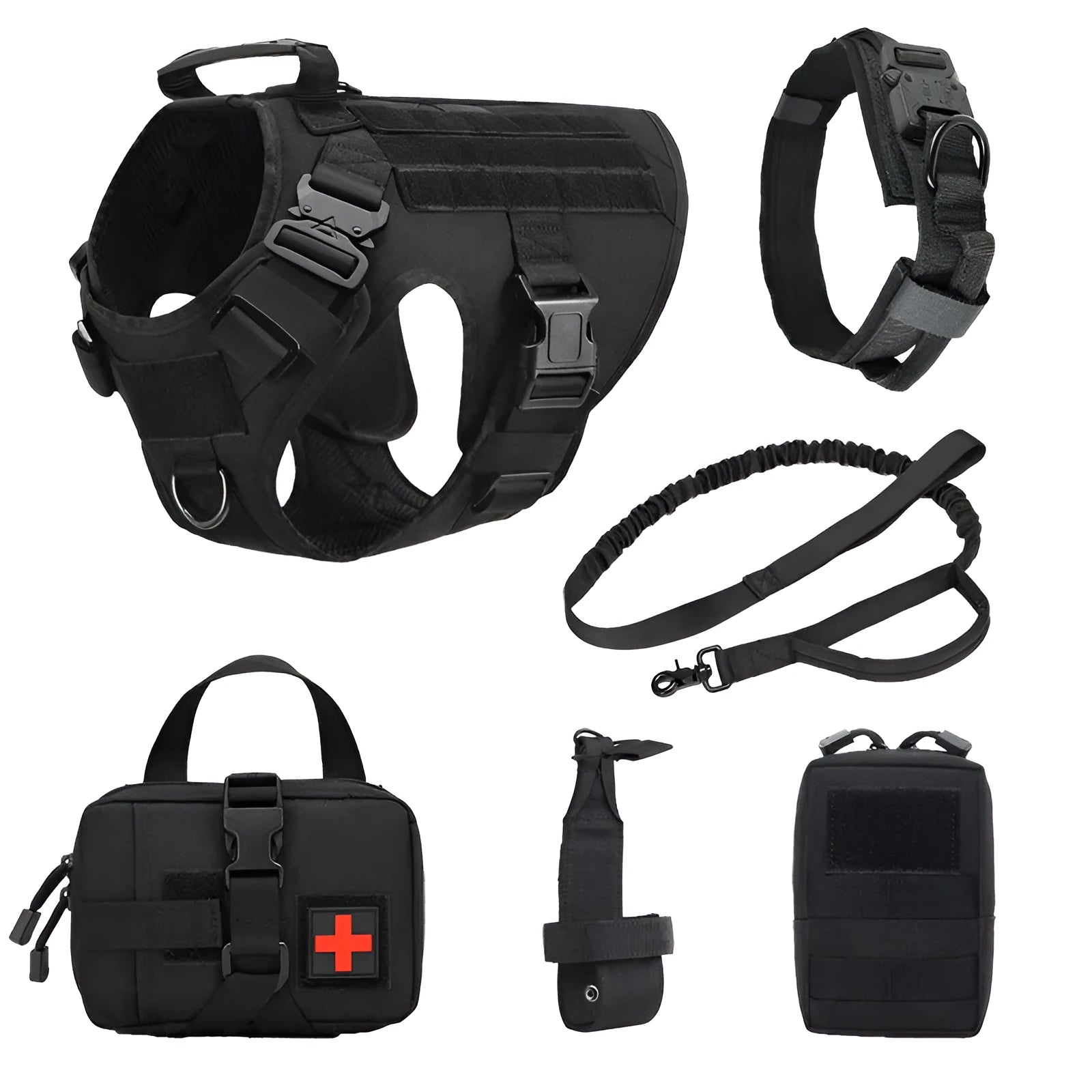 Tactical dog training vest set in polyester with camouflage colours and training accessories