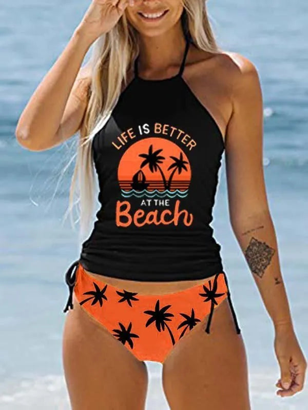3D printed split swimsuit two-piece set for women, briefs style nylon fabric with European and American pattern