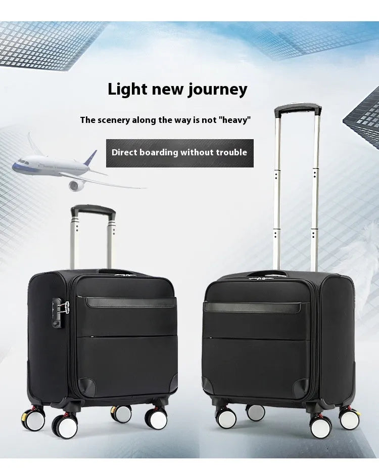 Black 18 inch Oxford cloth carry-on suitcase with retractable handle and universal wheels