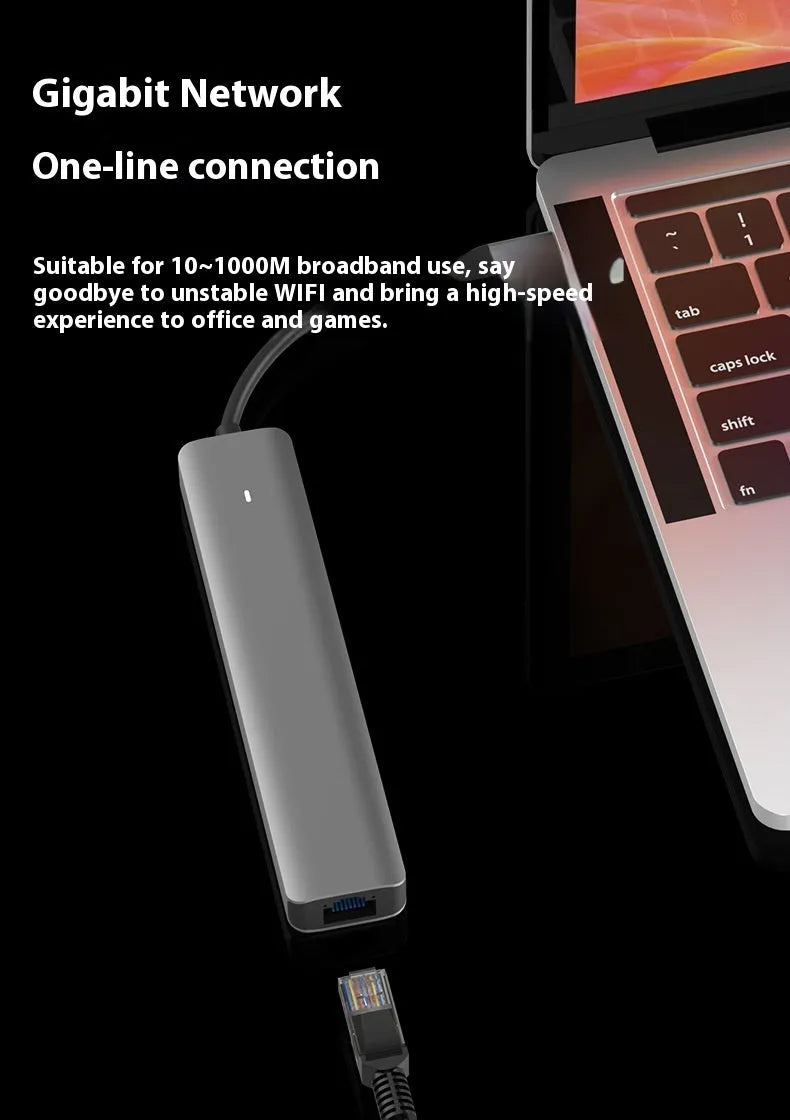 LQT-LH07 7-in-1 USB-C hub with card reader slots and multiple ports on a dark background.