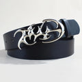 Silver buckle on a 3.3cm wide, 105cm long PU leather casual belt with snap button.