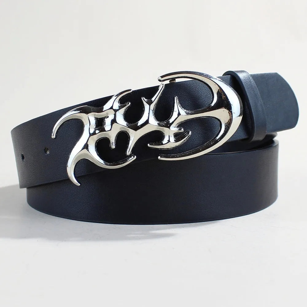 Silver buckle on a 3.3cm wide, 105cm long PU leather casual belt with snap button.