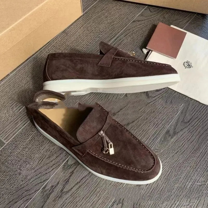 Neutral slip-on loafers with high-top artificial PU upper and Gommino rubber soles
