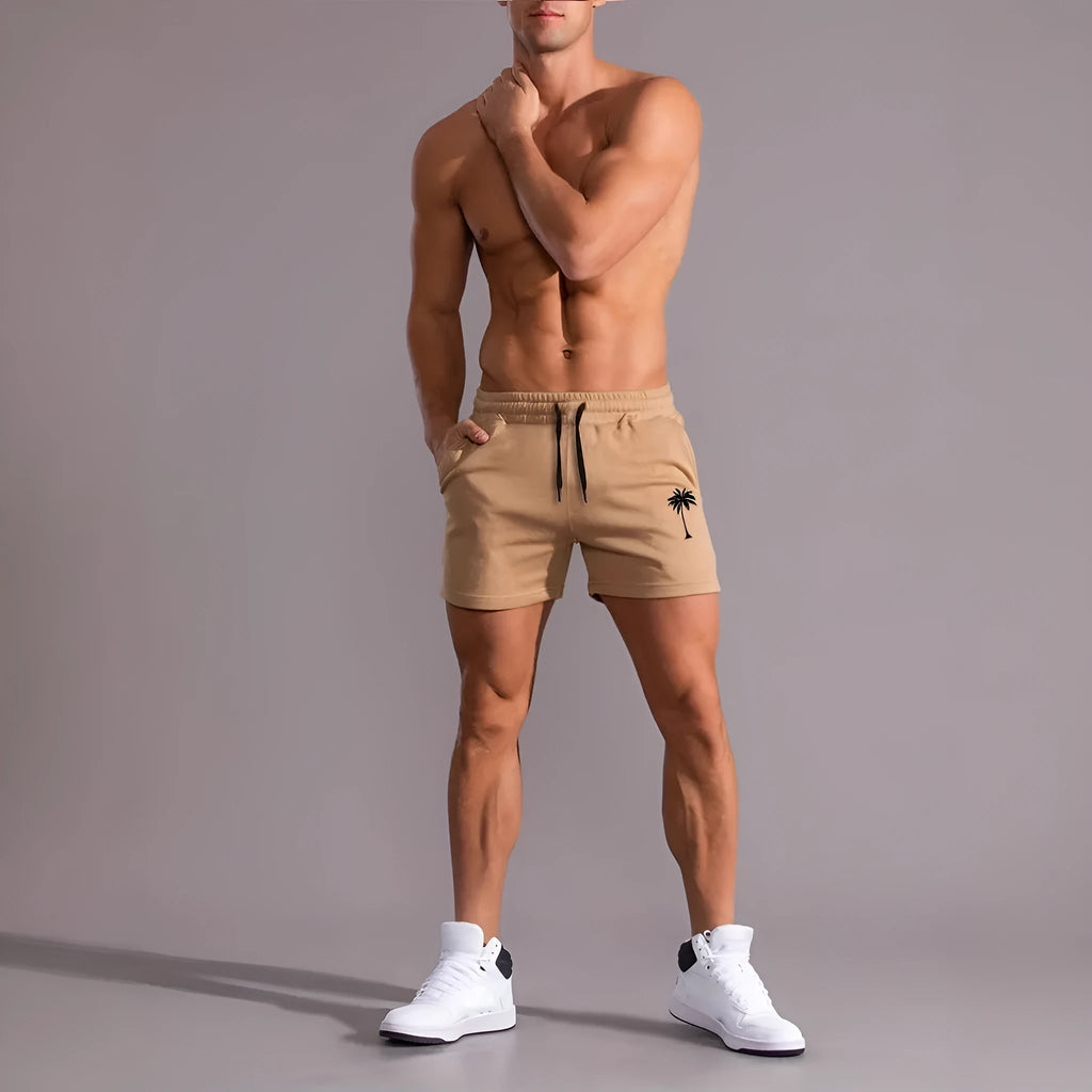 Men's khaki coconut print sports shorts with straight fit and micro elastic polyester fabric