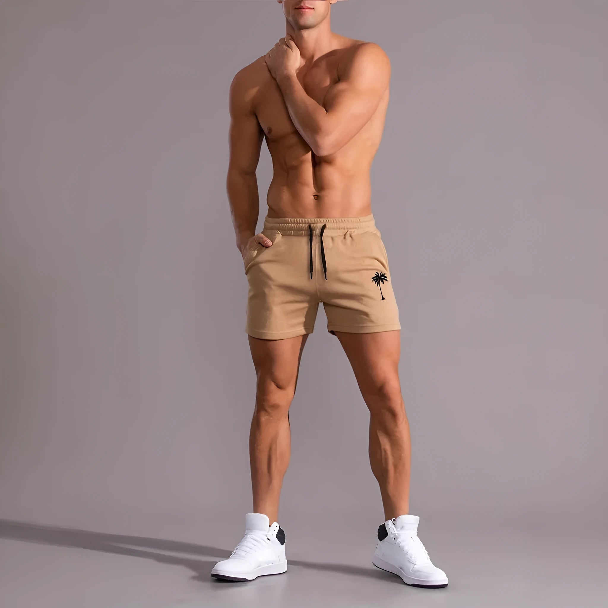 Men's khaki coconut print sports shorts with straight fit and micro elastic polyester fabric