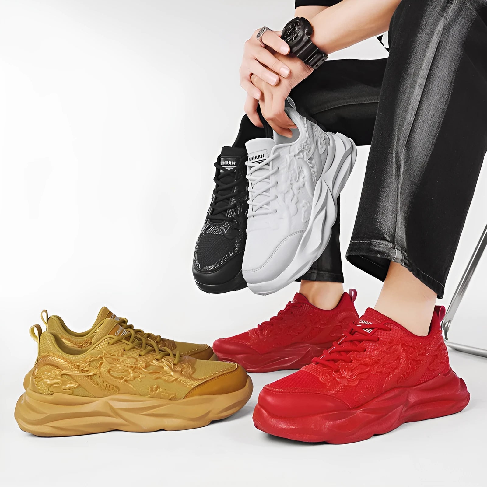 Casual sneakers with Chinese dragon artwork on breathable fly knit material and rubber soles