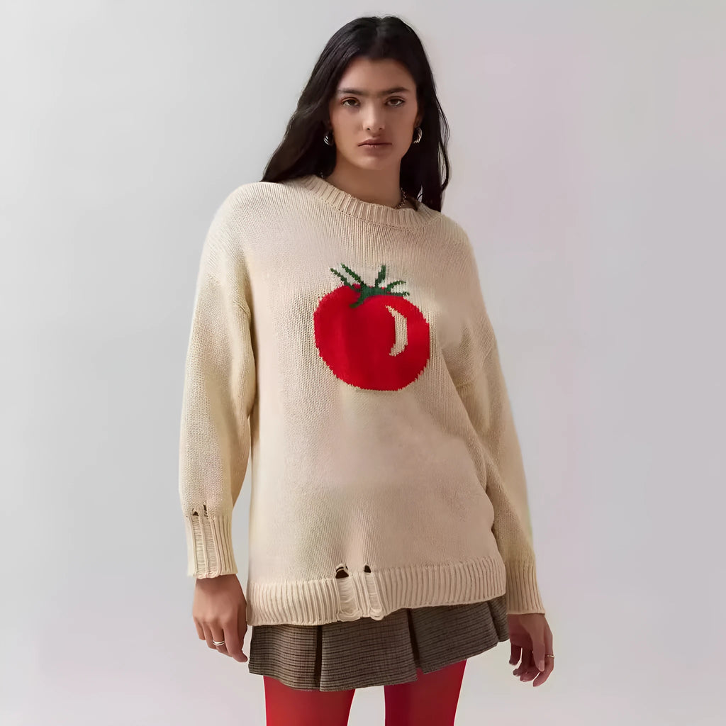 Women's beige acrylic Jacquard pullover sweater with round neck and loose-fitting medium length design