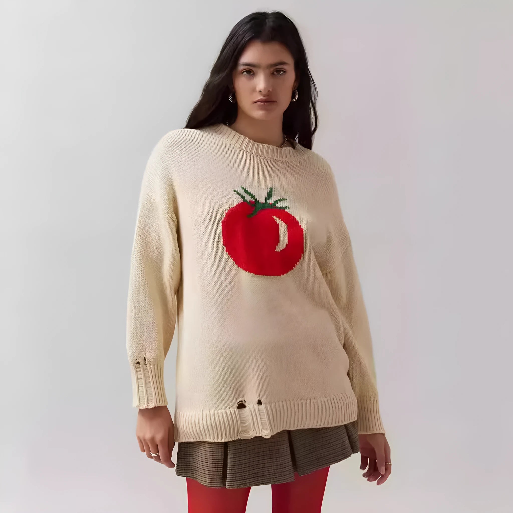 Women's beige acrylic Jacquard pullover sweater with round neck and loose-fitting medium length design