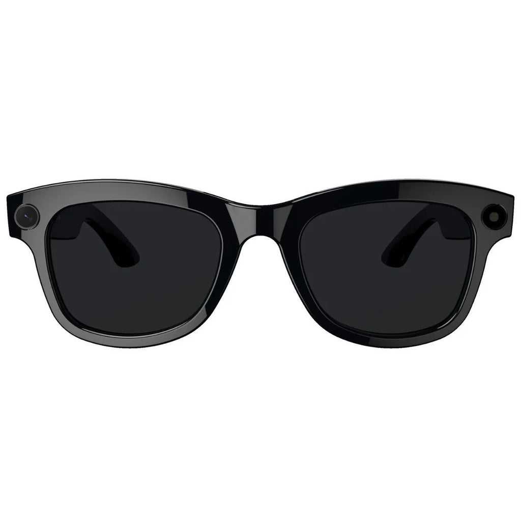 AI translation video glasses with black lens option on a table, showing camera and frame.