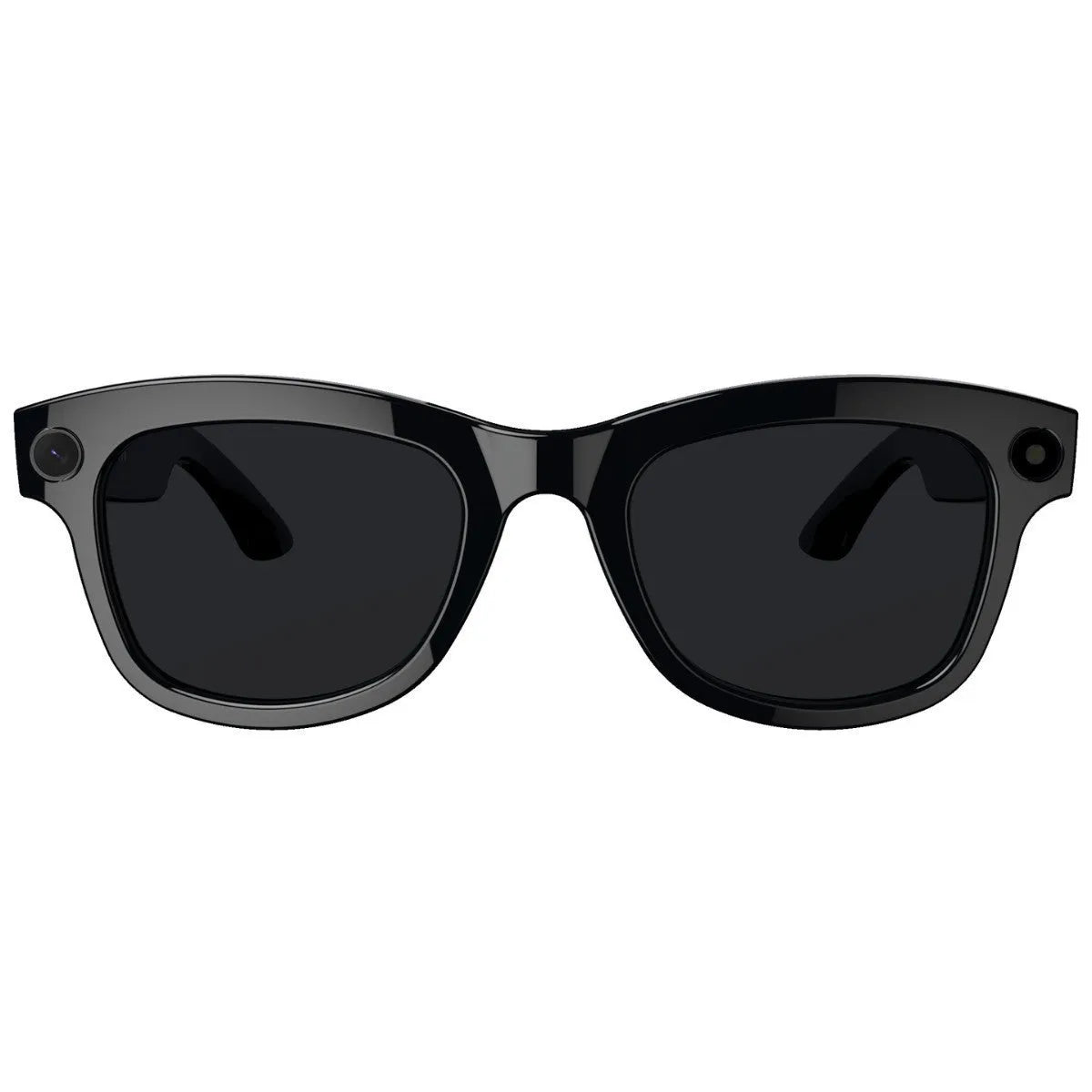 AI translation video glasses with black lens option on a table, showing camera and frame.