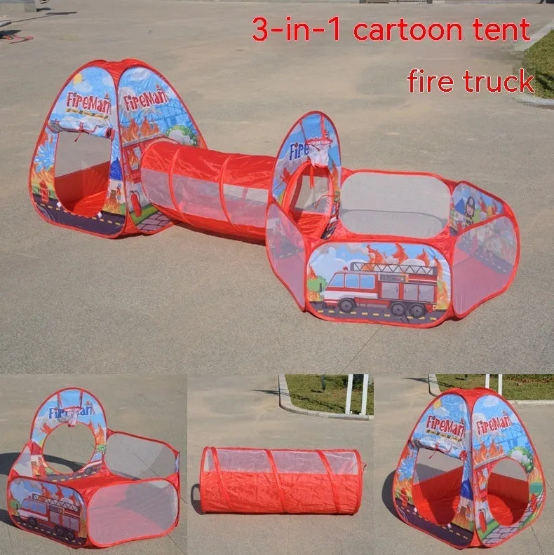 Children's three-in-one play tent with tunnel and ball pool in a cartoon submarine design.