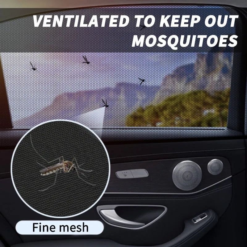 Set of grey non-woven fabric car side window sunshades with elastic edges on a car window.
