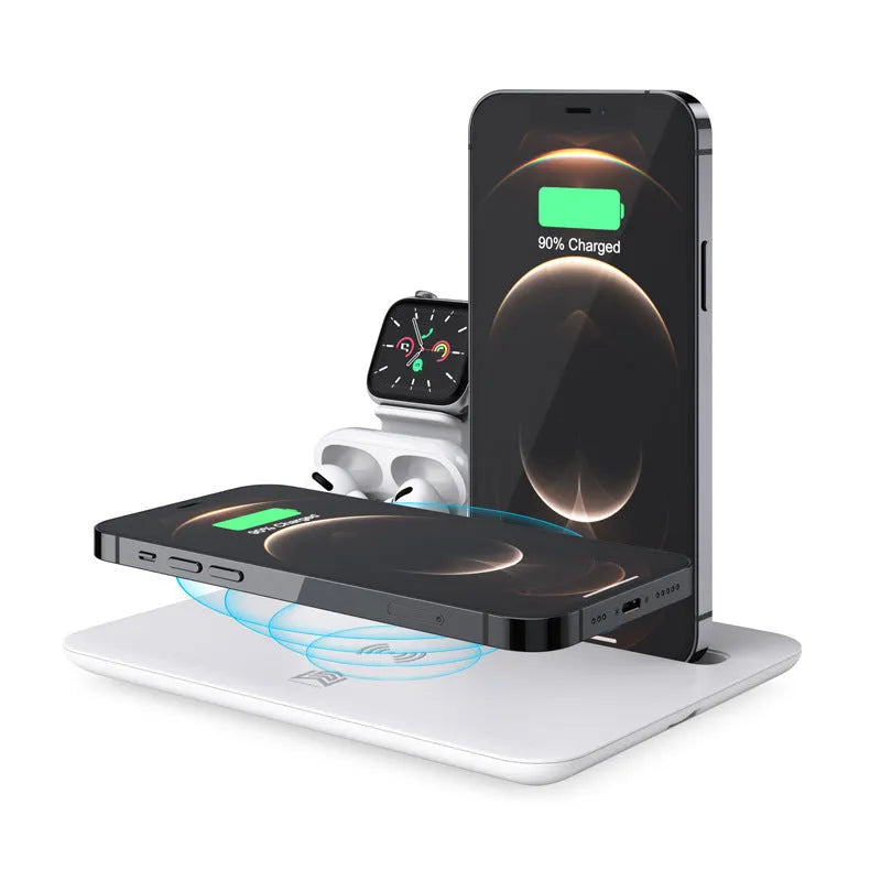 Black and white wireless charging desk station for phone, watch and headphones