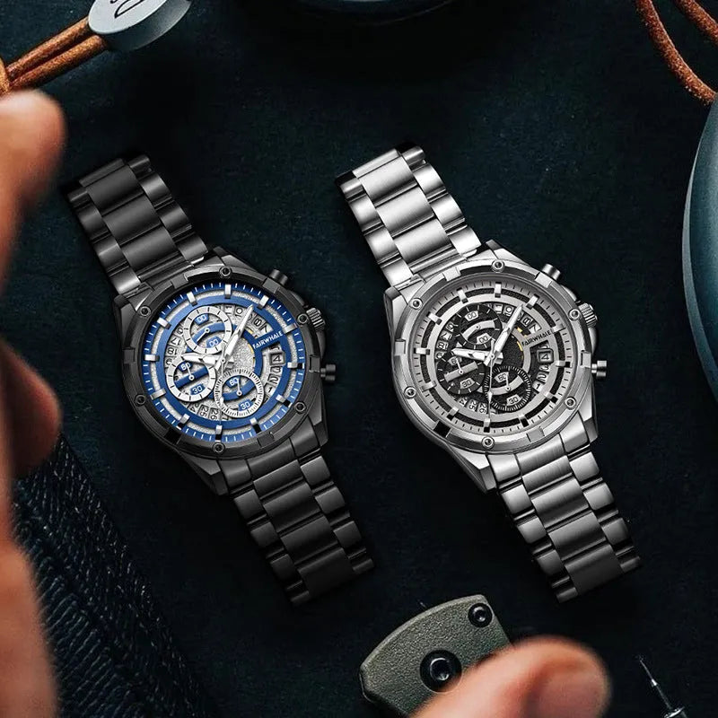 Men's waterproof luminous quartz watch with steel belt in black and blue, black and gold, or silver and white colour options