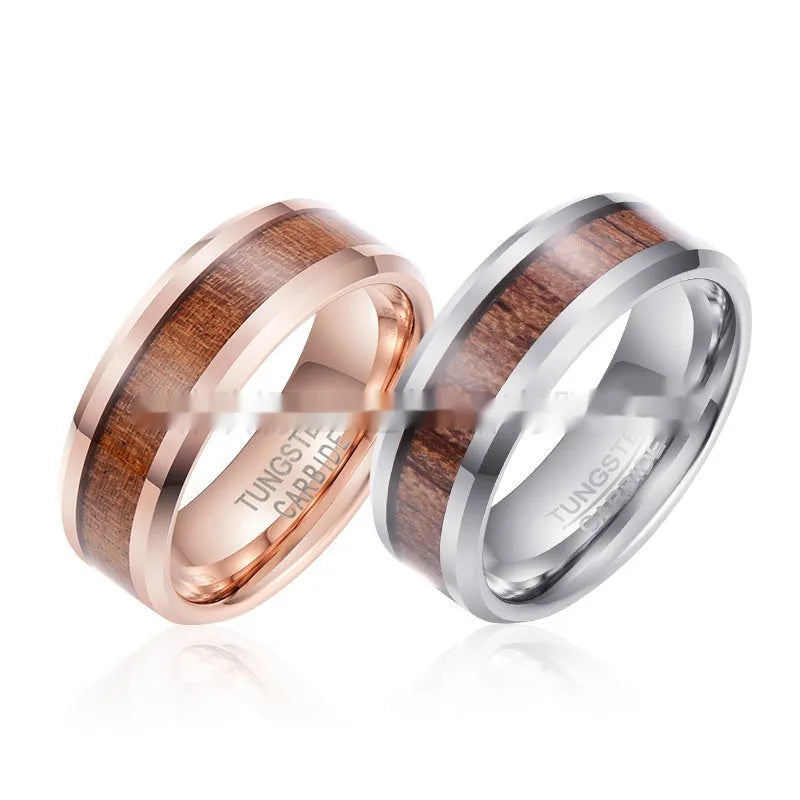 8mm wide tungsten ring with Ugyen inlay and wood leather accents in rose gold finish