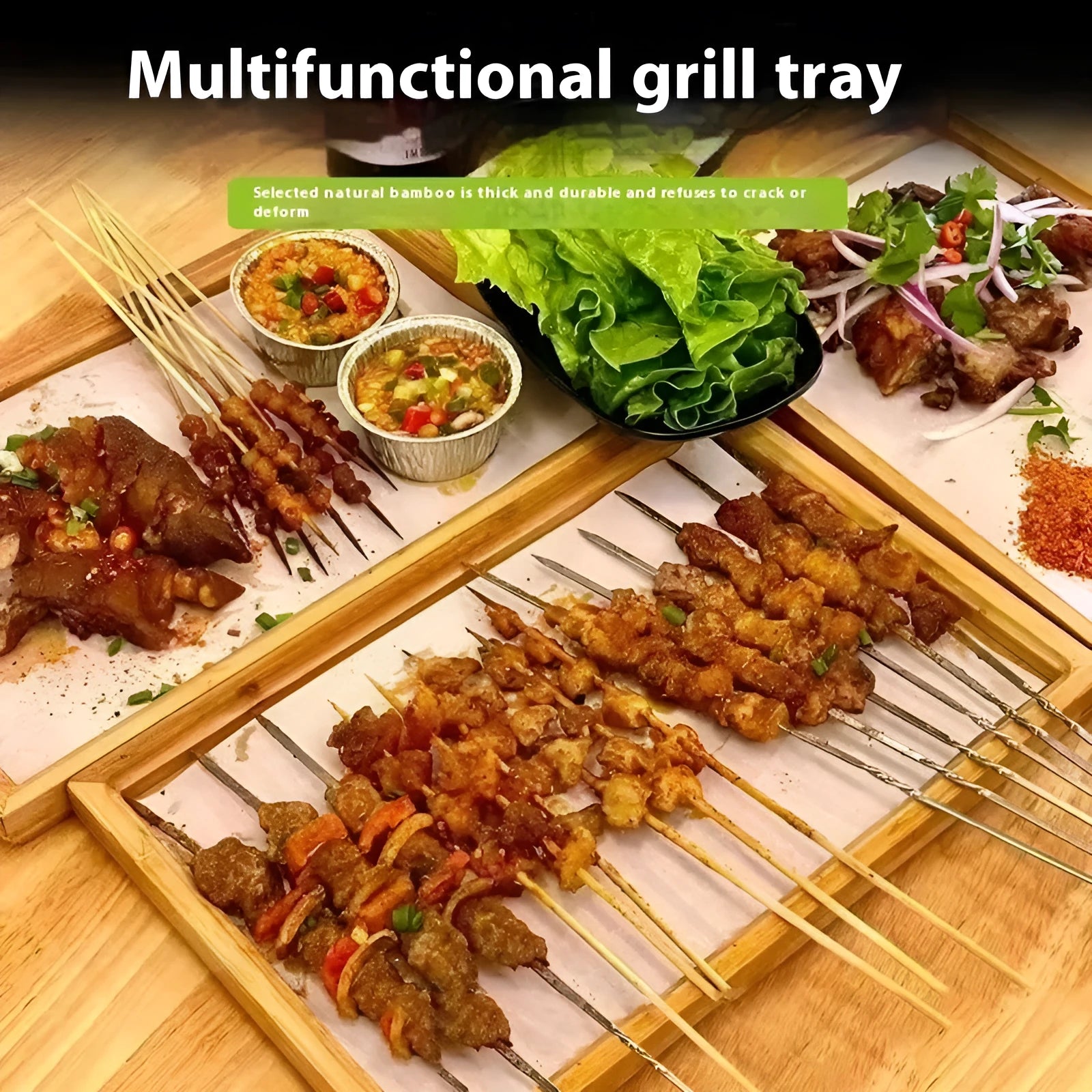 Square bamboo serving tray with brown handle for barbecue shops and catering