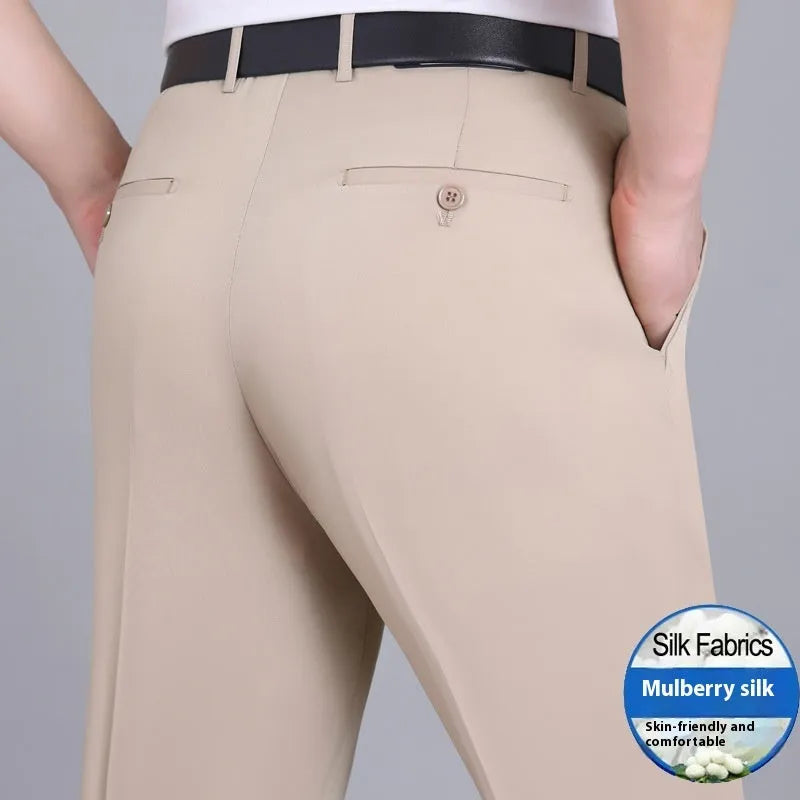 Men's straight-leg business trousers with high waist in mulberry silk blend fabric