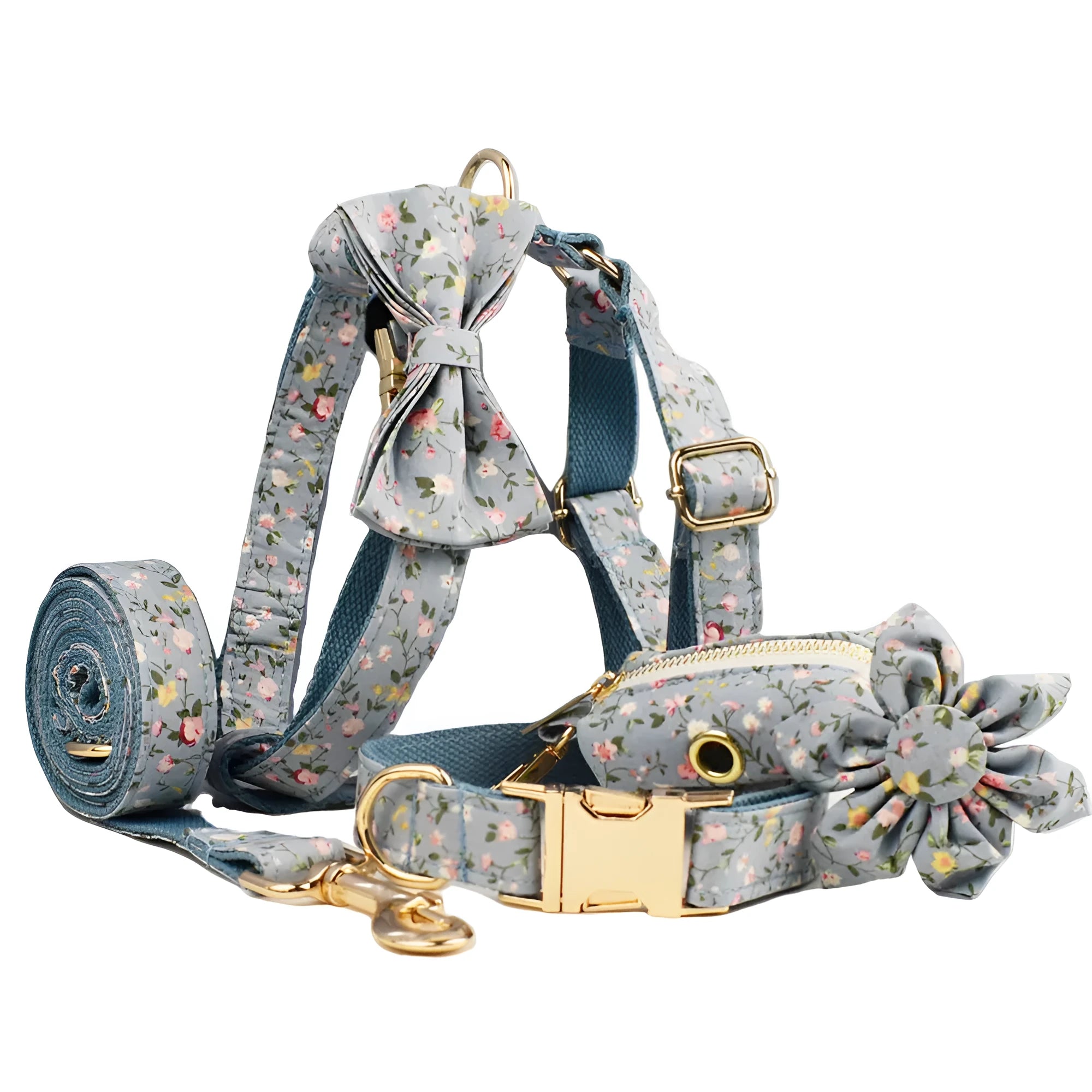 Blue floral polyester cotton dog collar set with matching leash, vest, bow and accessories