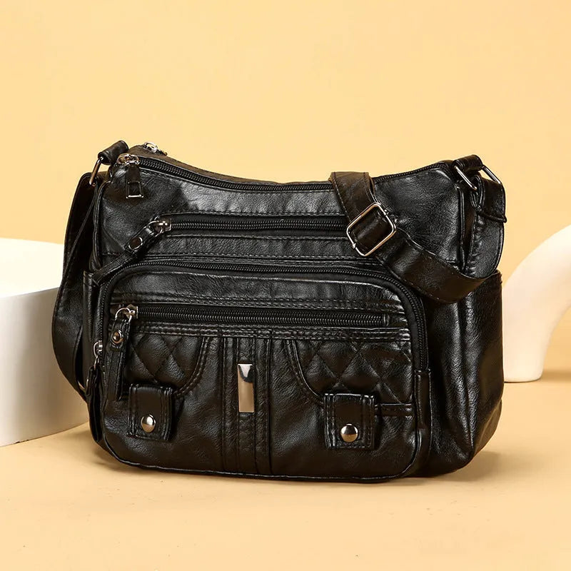 New washed PU shoulder messenger bag in horizontal square shape with three-dimensional pocket, 26x19x8cm