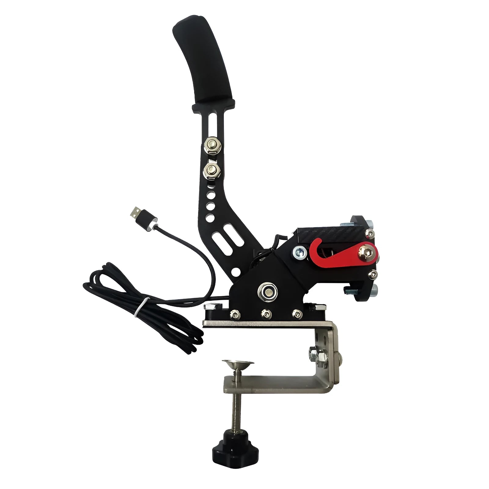 Black USB handbrake with aluminium bracket and clamp for PC racing simulators next to a racing wheel.