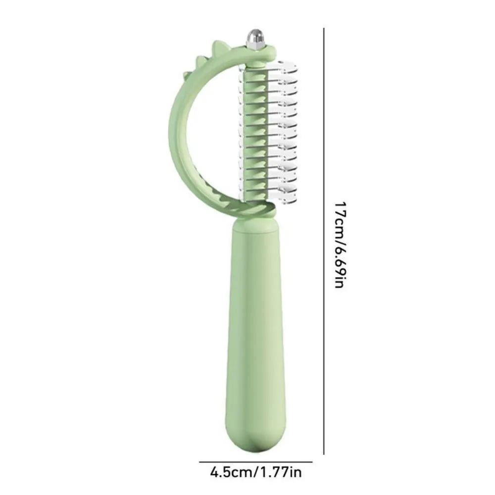 Blue dinosaur-shaped cat brush with double-sided head and self-cleaning button