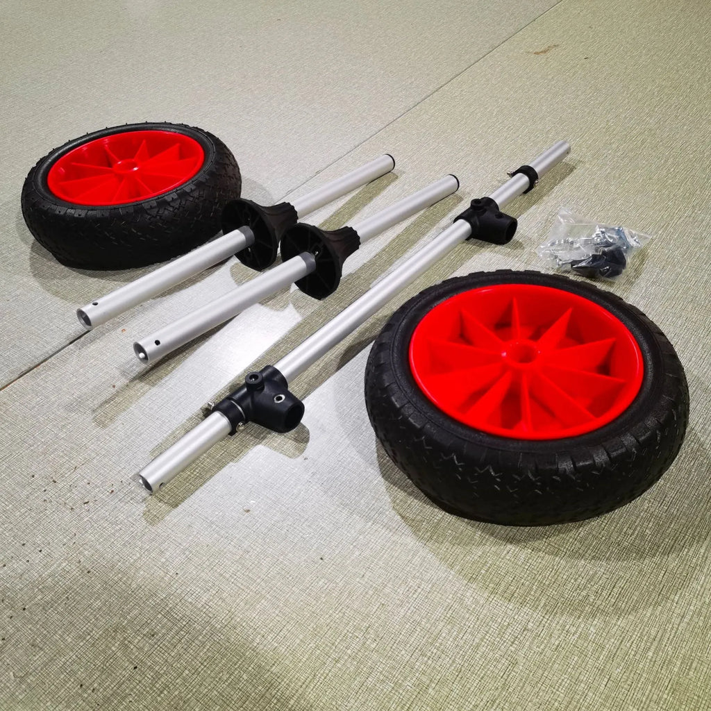 Foldable aluminium kayak beach trailer cart with rubber wheels and upright pole.
