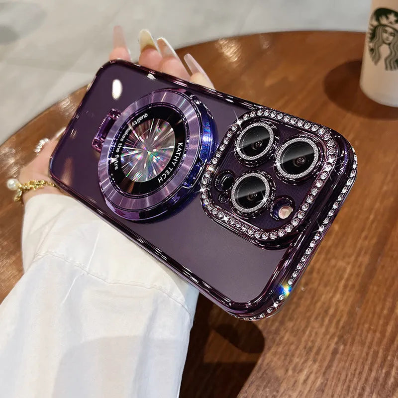 Transparent silicone iPhone case with rhinestones and a magnetic bracket in blue colour.