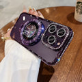 Transparent silicone iPhone case with rhinestones and a magnetic bracket in blue colour.